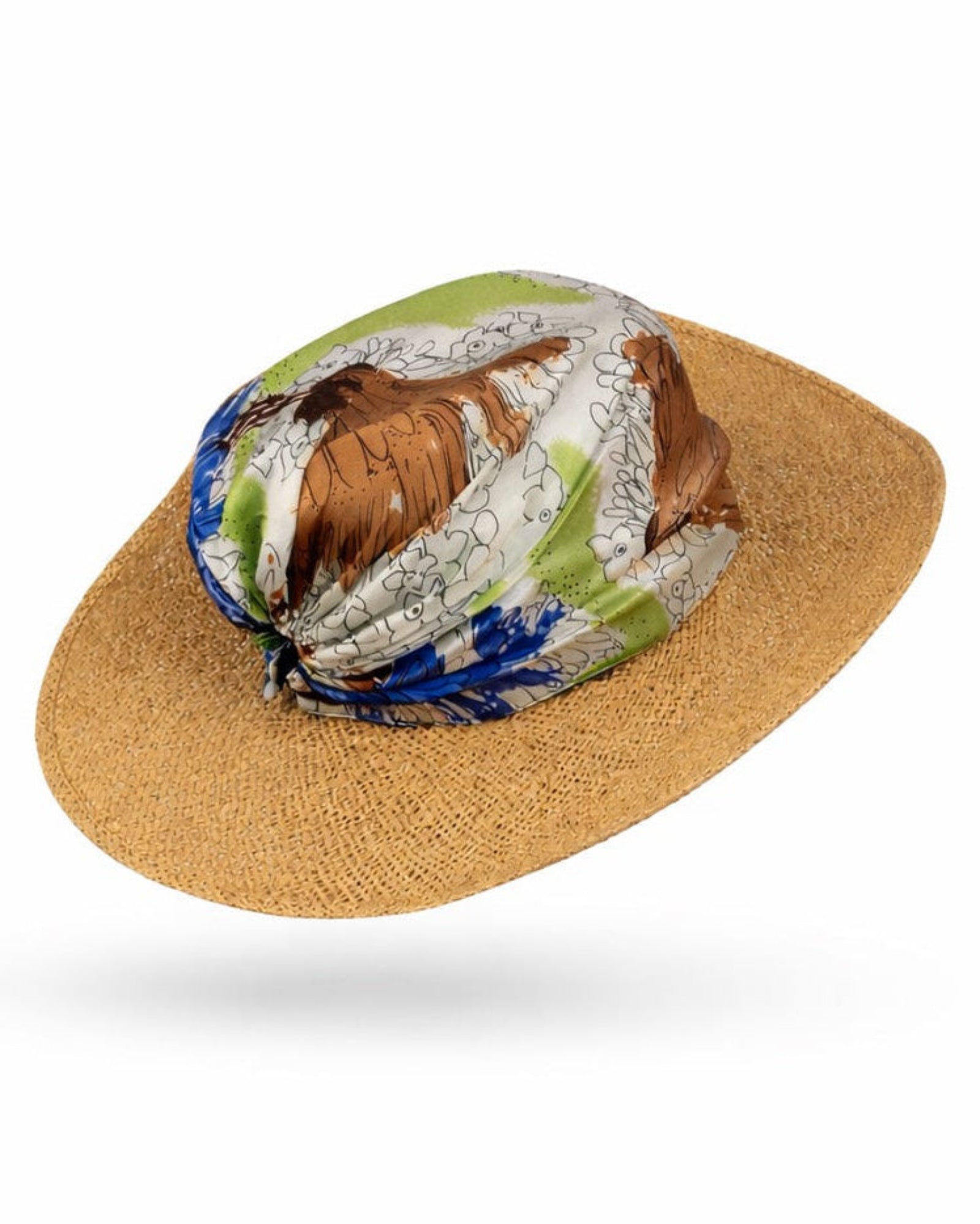 Model wearing the Saint-Tropez Luxe straw hat with silk scarf, featuring a sophisticated silhouette and timeless coastal luxury.