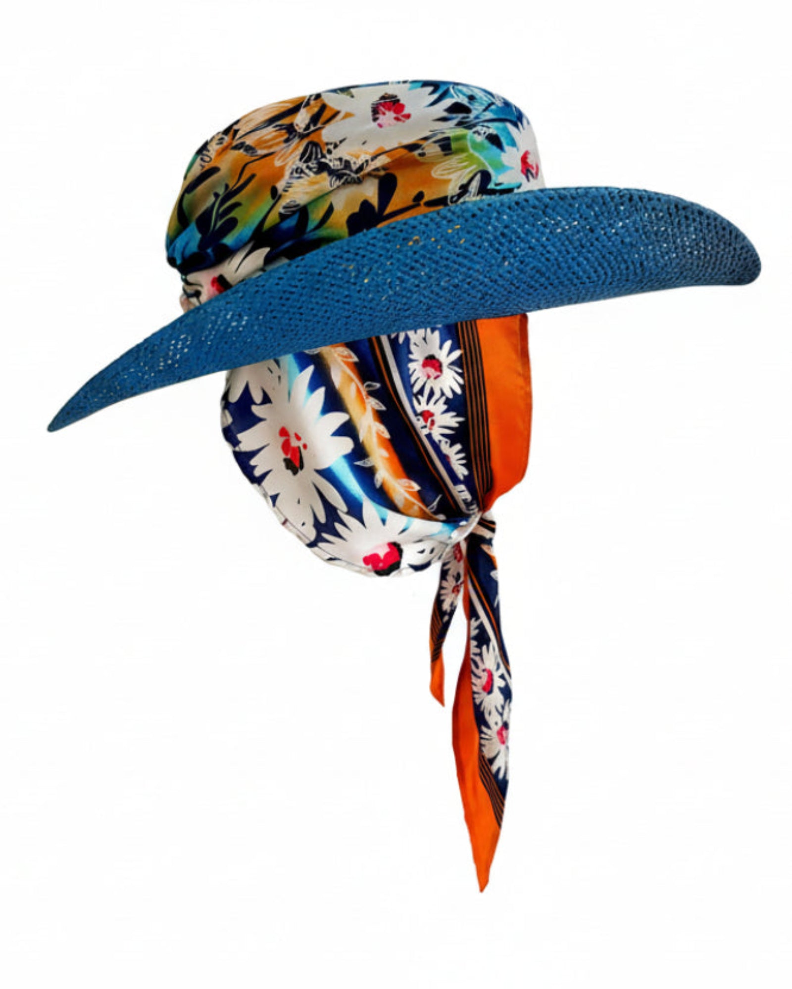 Mykonos Charm straw hat with silk scarf, inspired by Mediterranean light and effortless island elegance.