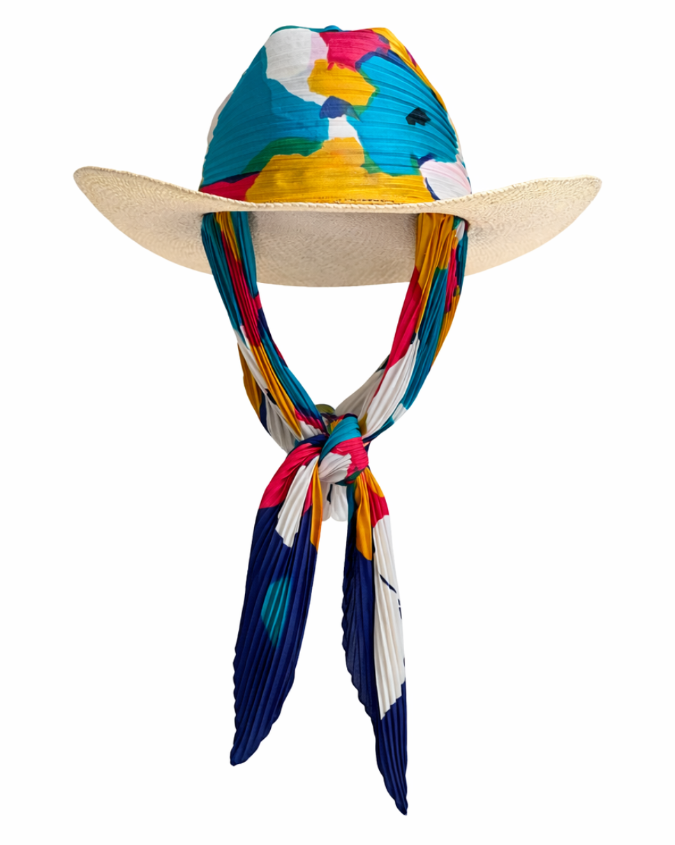 Palm Spring Azure straw hat with silk scarf, designed for sun-drenched days with a modern, airy silhouette.