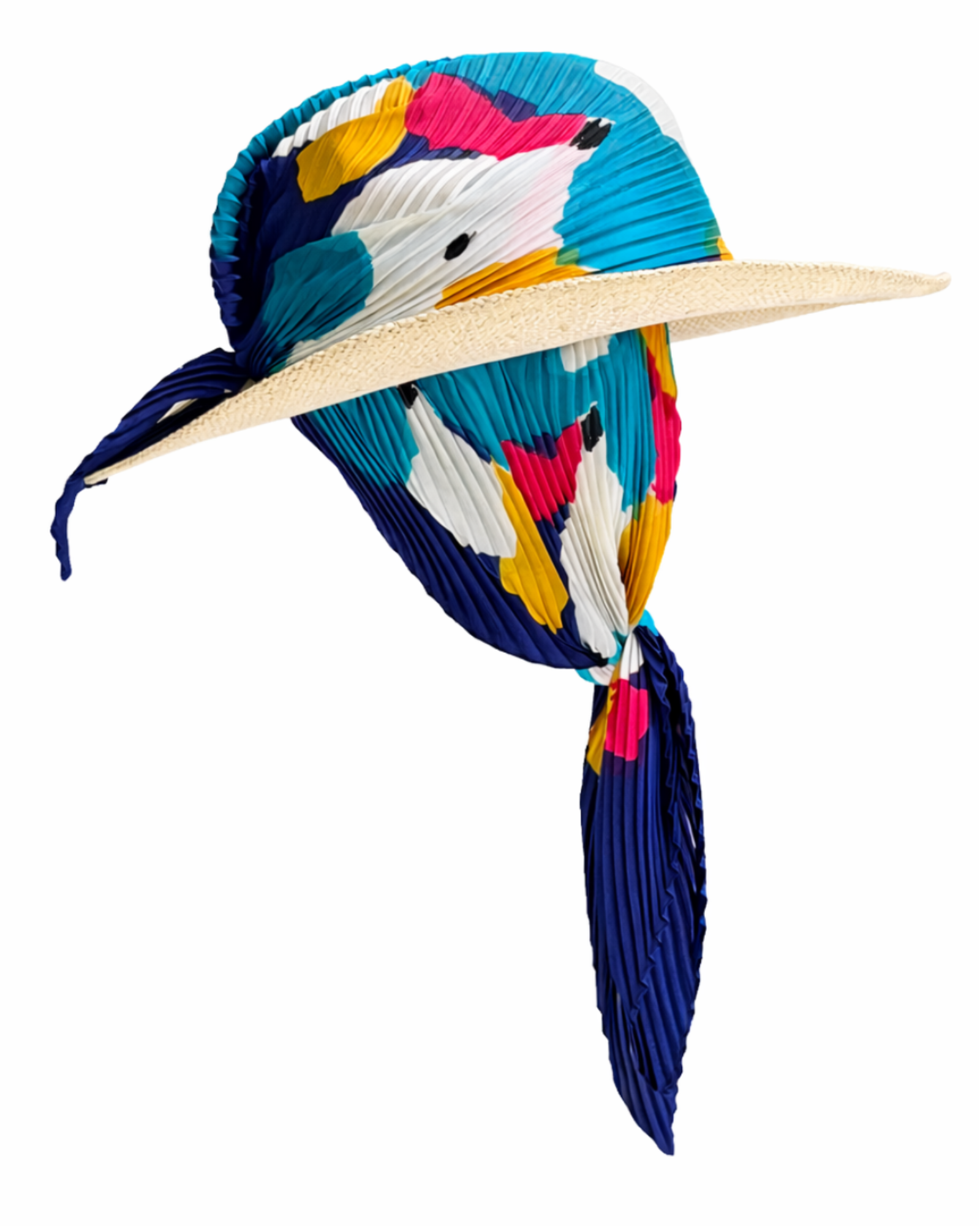 Palm Spring Azure straw hat with silk scarf, designed for sun-drenched days with a modern, airy silhouette.