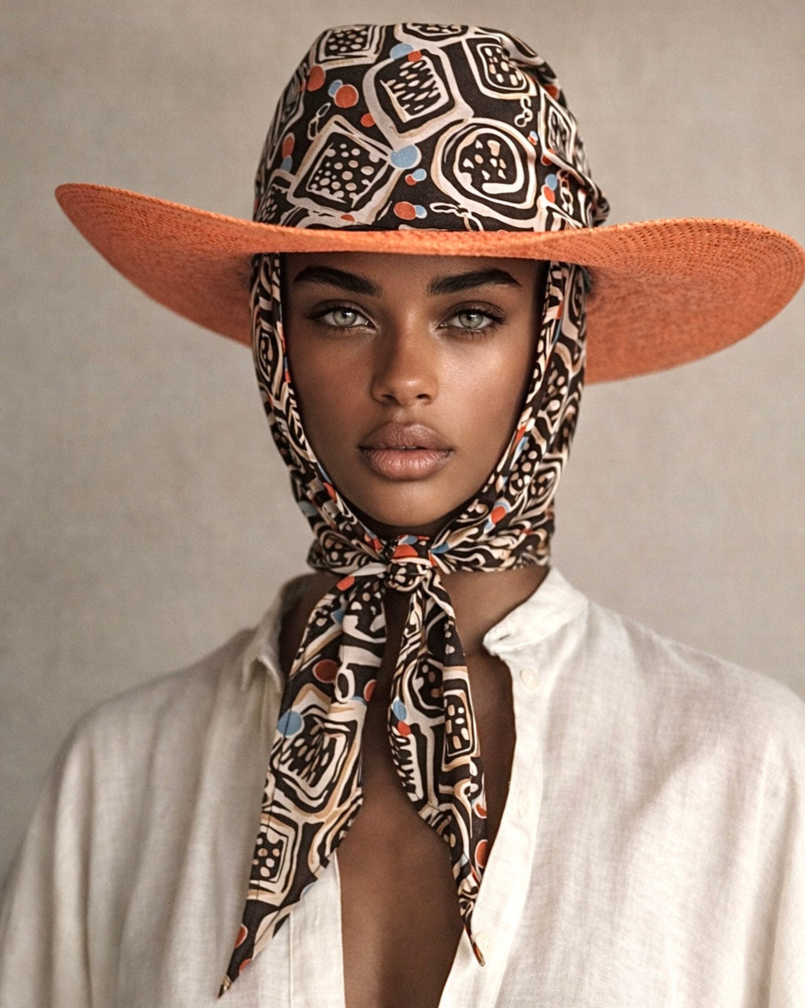 Ibiza Bliss straw hat with silk scarf, inspired by sun-washed island ease and modern Mediterranean elegance, Tamar Tsomaia, shop