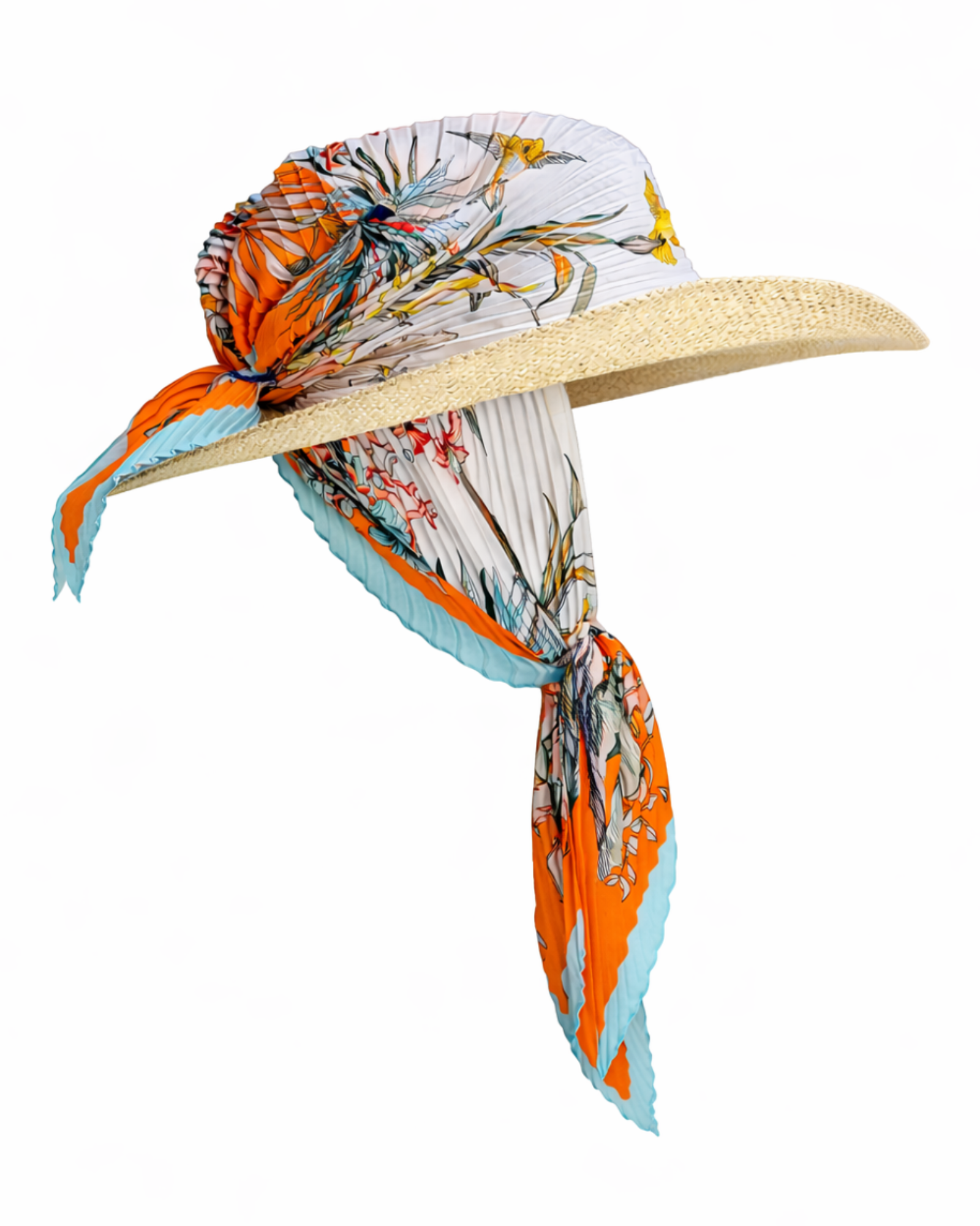 Laguna Whisper straw hat with silk scarf, worn in a relaxed coastal setting with a soft, elegant silhouette, Tamar Tsomaia
