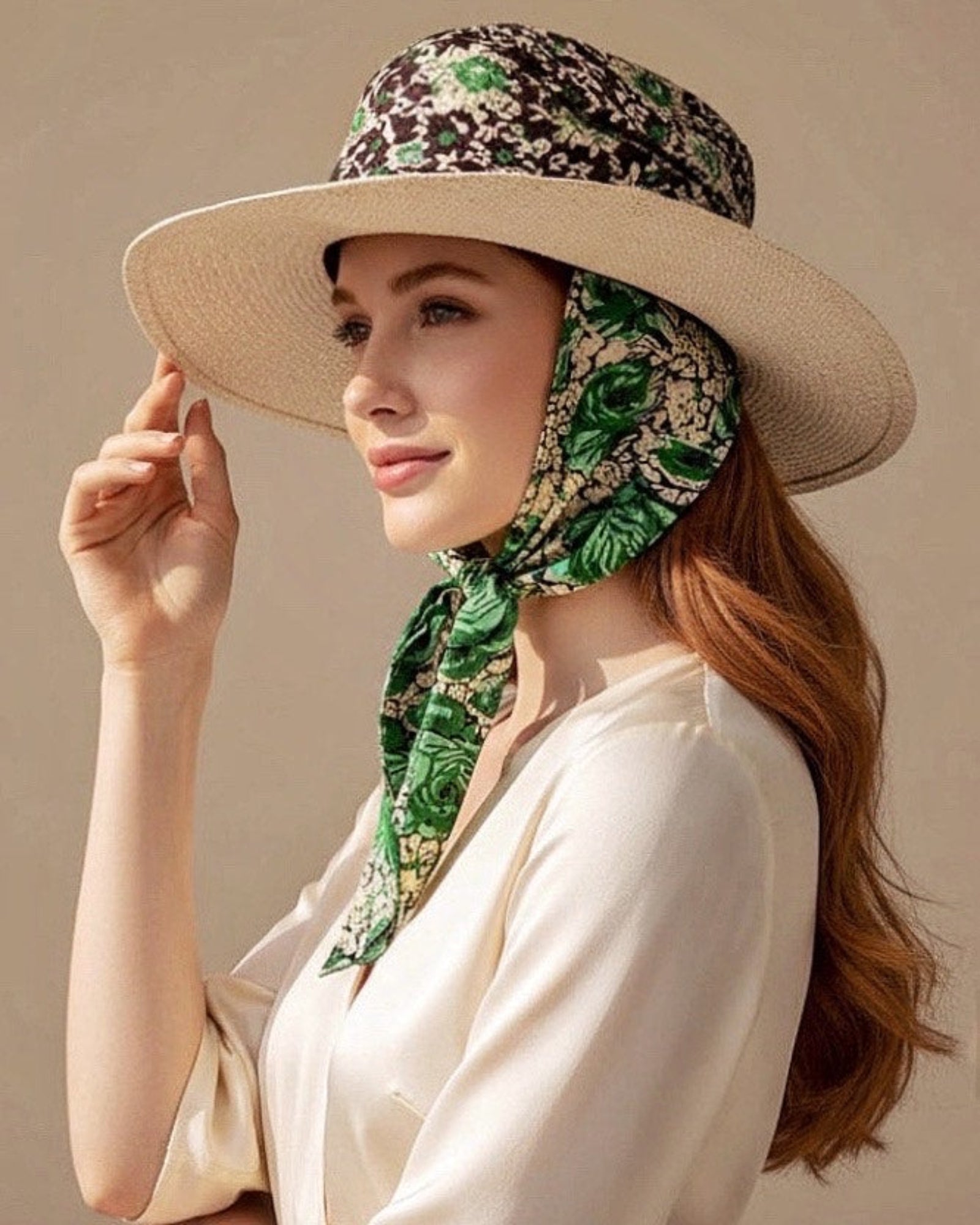 Tulum Tropic straw hat with silk scarf, inspired by warm coastal destinations and effortless modern elegance.